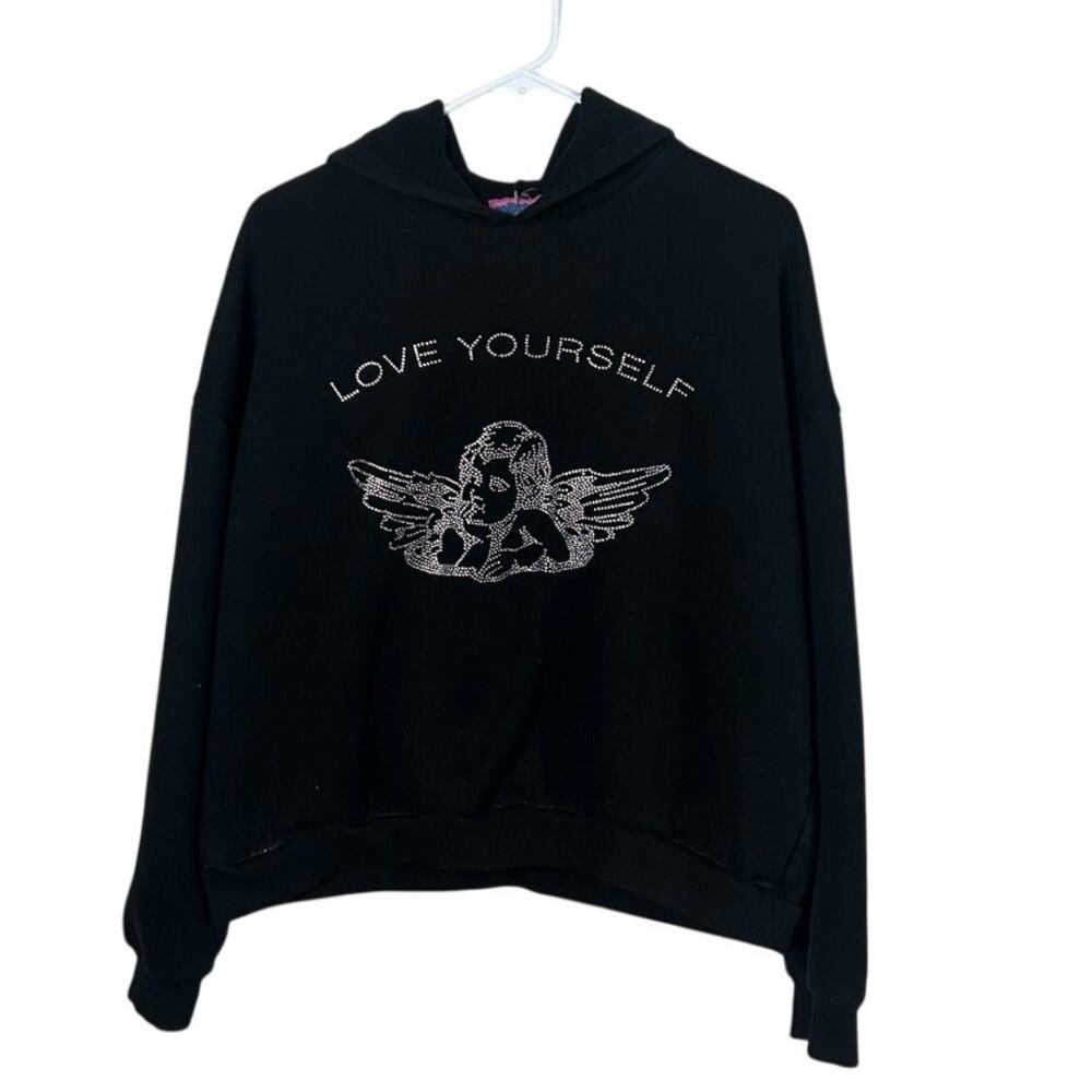 Edikted Rhinestone Angel Graphic Black Hoodie size L